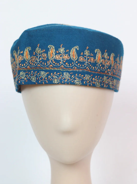 Kashmiri Blue Cap |Topi Sarposh With Hand Sozni Embroidery In Toosha