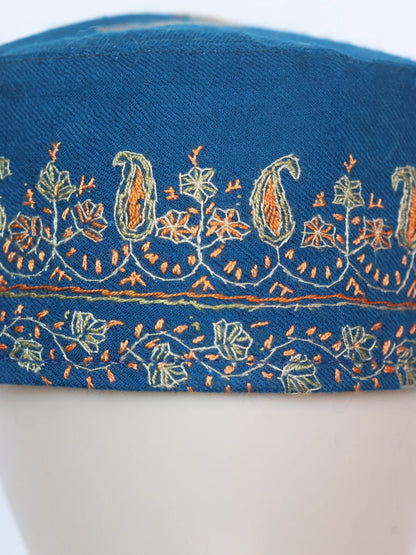 Kashmiri Blue Cap |Topi Sarposh With Hand Sozni Embroidery In Toosha