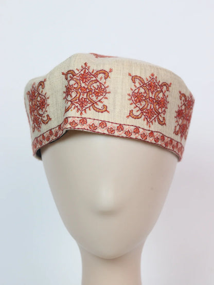 Beige Kashmiri Cap | Topi  With Hand Sozni Embroidery In Toosha Jehlum