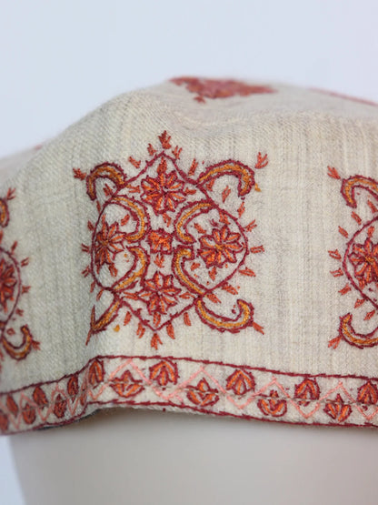 Beige Kashmiri Cap | Topi  With Hand Sozni Embroidery In Toosha Jehlum