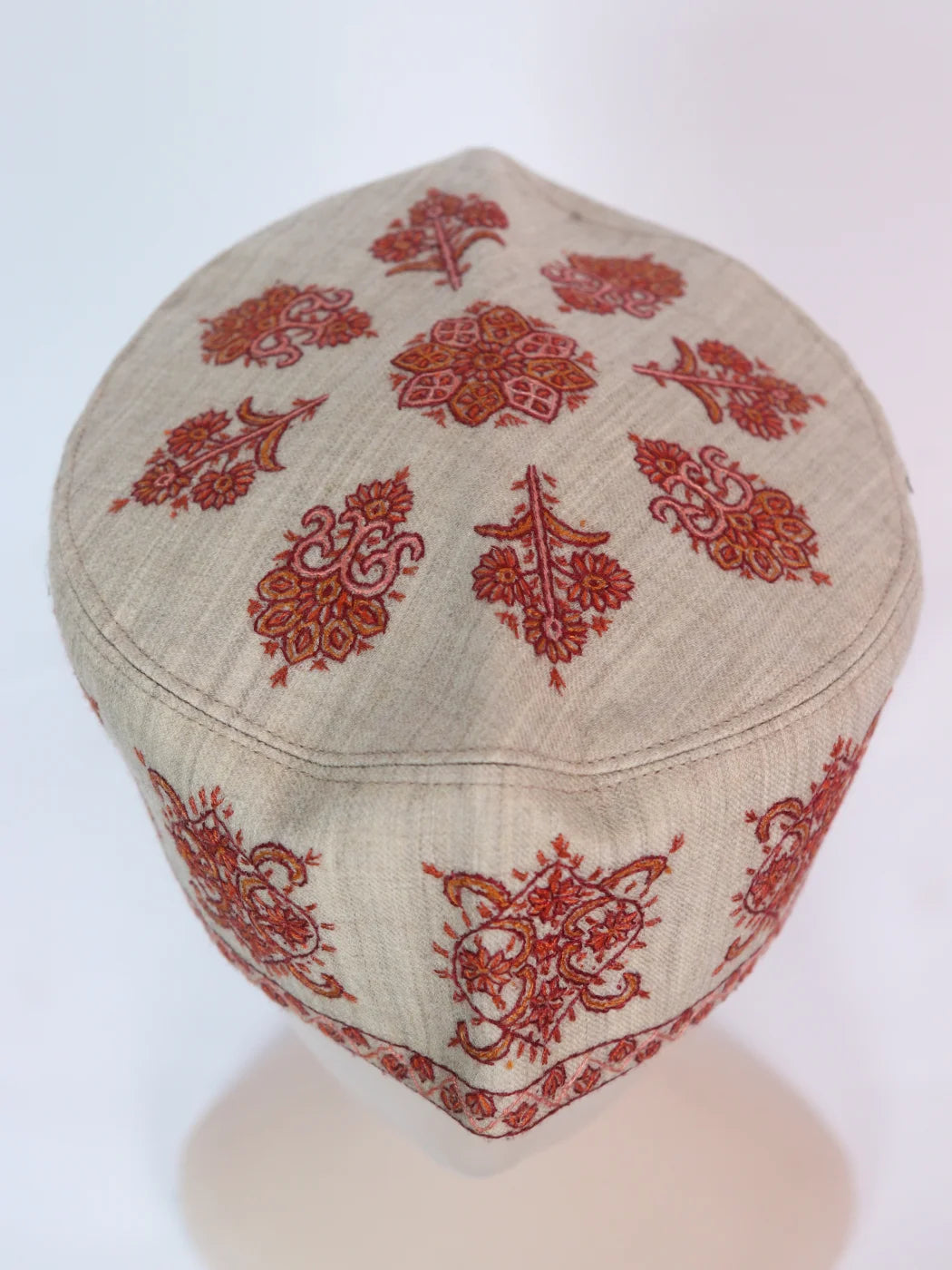 Beige Kashmiri Cap | Topi  With Hand Sozni Embroidery In Toosha Jehlum