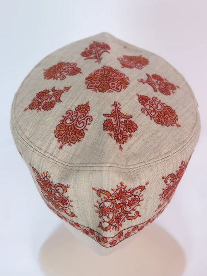 Beige Kashmiri Cap | Topi  With Hand Sozni Embroidery In Toosha Jehlum