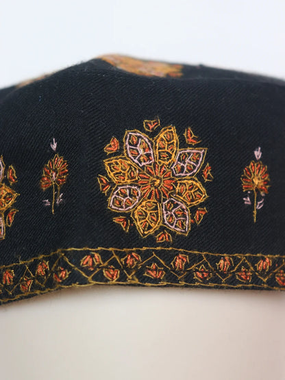 Kashmiri Cap | Topi Sartaj  With Hand Sozni Embroidery In Black Toosha