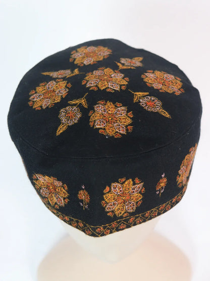Kashmiri Cap | Topi Sartaj  With Hand Sozni Embroidery In Black Toosha
