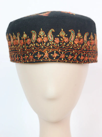 Black Kashmiri Classic Cap With Handmade Sozni Work Sehrab