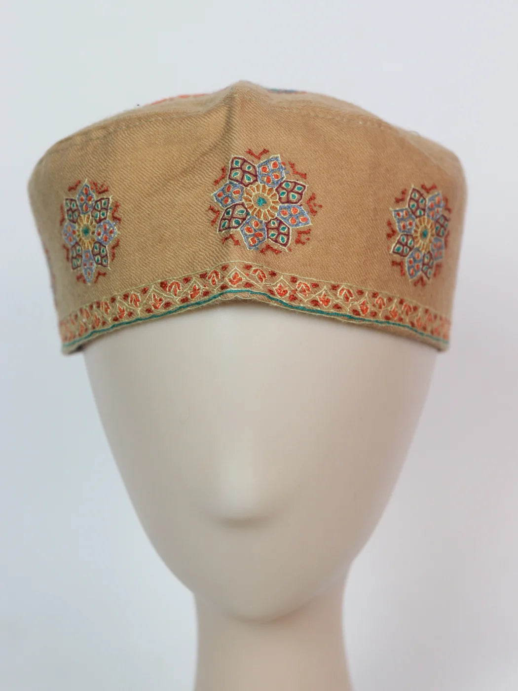 Beige Kashmiri Stylish Cap With Handmade Sozni Work Talib