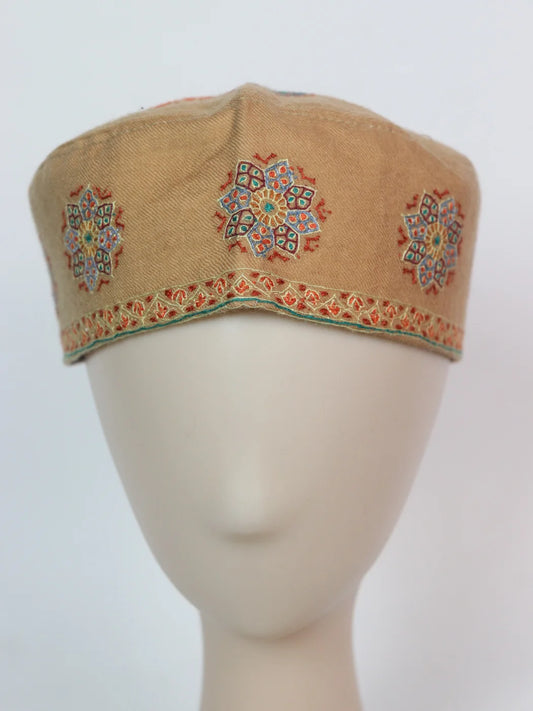 Beige Kashmiri Stylish Cap With Handmade Sozni Work Talib
