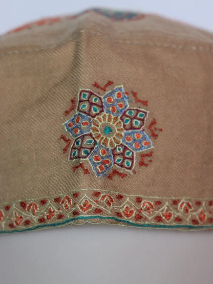 Beige Kashmiri Stylish Cap With Handmade Sozni Work Talib