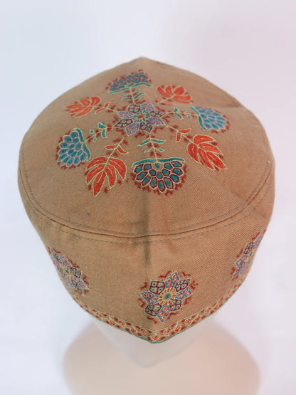 Beige Kashmiri Stylish Cap With Handmade Sozni Work Talib