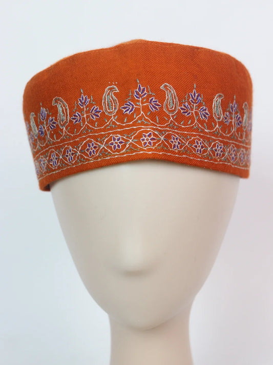 Kashmiri Noor Designer Cap In Orange With Handmade Sozni Work