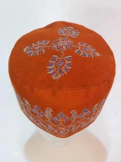 Kashmiri Noor Designer Cap In Orange With Handmade Sozni Work