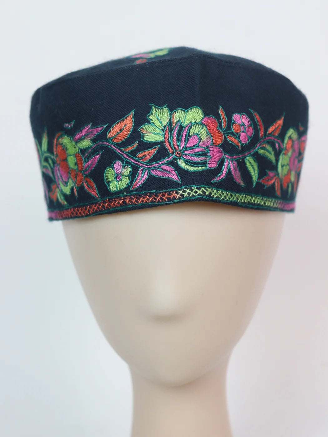 Shams Kashmiri Cap In Navy-Blue With Handmade Sozni Embroidery