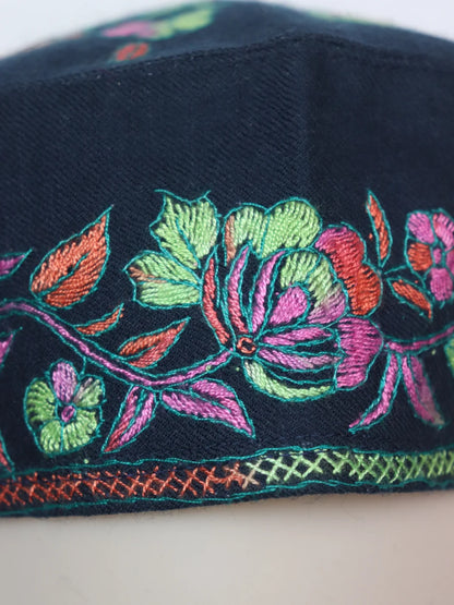 Shams Kashmiri Cap In Navy-Blue With Handmade Sozni Embroidery