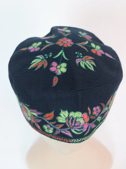 Shams Kashmiri Cap In Navy-Blue With Handmade Sozni Embroidery