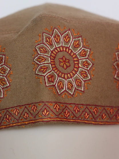 Usman Kashmiri Cap In Brown With Handmade Sozni Embroidery