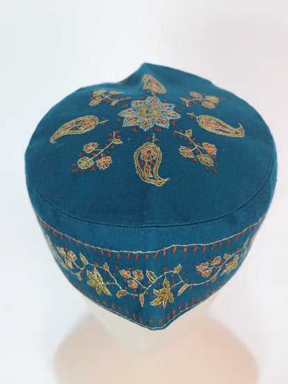 Handmade Kashmiri Cap In Blue Toosha With Sozni Embroidery Rizwan