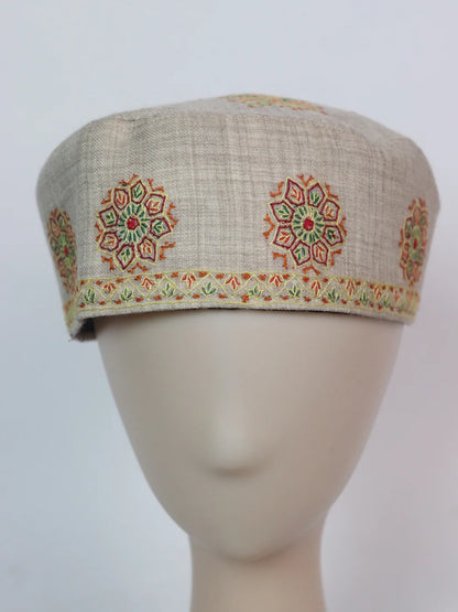Handmade Kashmiri Beige Cap With Sozni Embroidery Ayoub