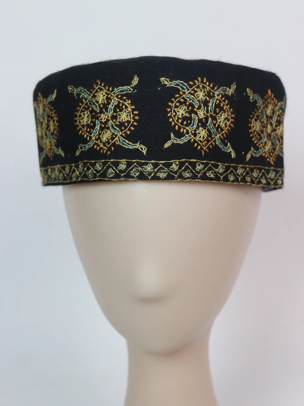 Kashmiri Handmade Cap In Black Toosha With Sozni Embroidery