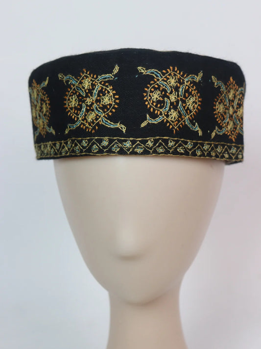 Kashmiri Handmade Cap In Black Toosha With Sozni Embroidery