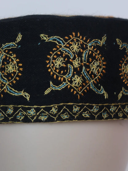 Kashmiri Handmade Cap In Black Toosha With Sozni Embroidery
