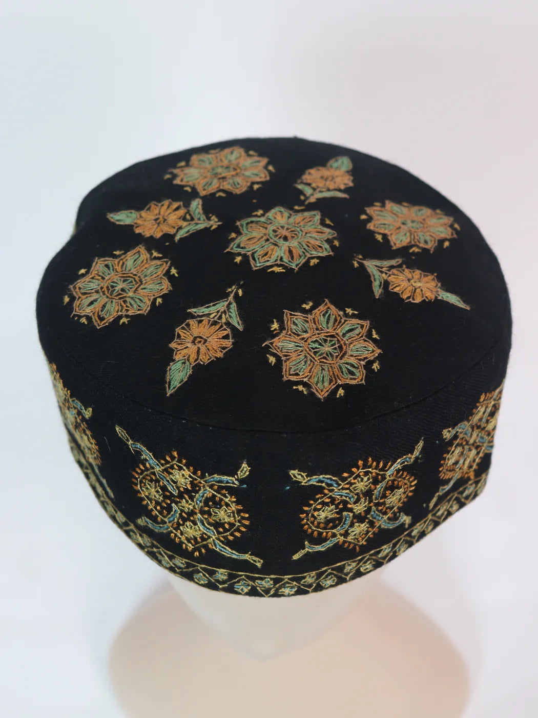 Kashmiri Handmade Cap In Black Toosha With Sozni Embroidery