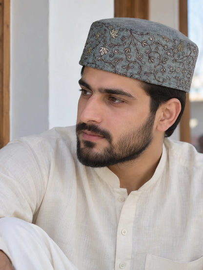 Kashmiri Grey Designer Cap for Men With Zari Work Imran
