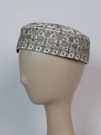 Kashmiri White Classic Cap Taj for Men With Zari Work