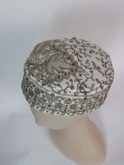Kashmiri White Classic Cap Taj for Men With Zari Work