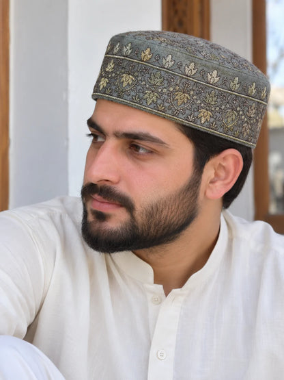 Shahbaz Kashmiri Grey Designer Cap for Men With Zari Work