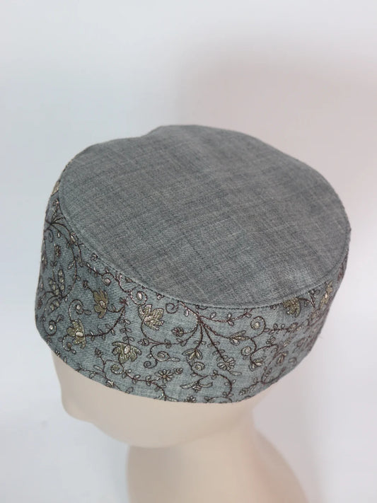 Kashmiri Grey Designer Cap for Men With Zari Work Imran