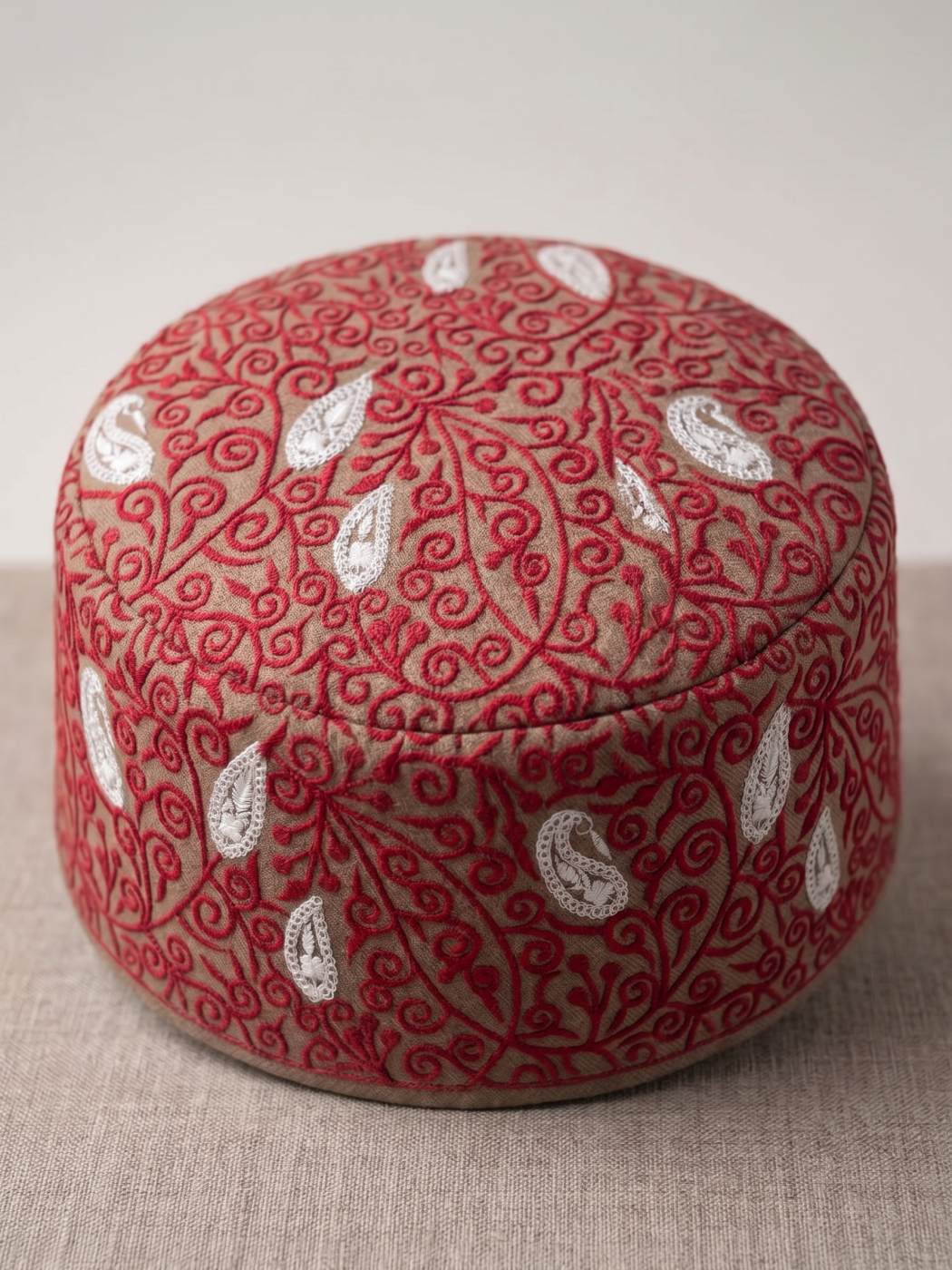 Beige Embroidered Topi Cap for Gents in Semi Pashmina