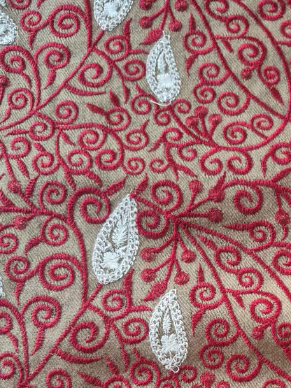 Beige Embroidered Topi Cap for Gents in Semi Pashmina