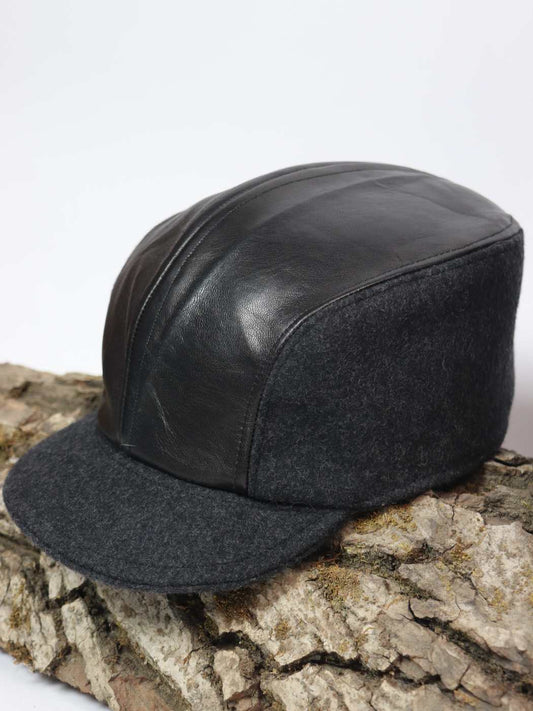 Baseball Cap | Pick in Black Pure Leather and Tweed