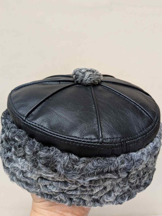 Pure Leather Black Cap With Grey Natural Karakul Fur | 6 Panel