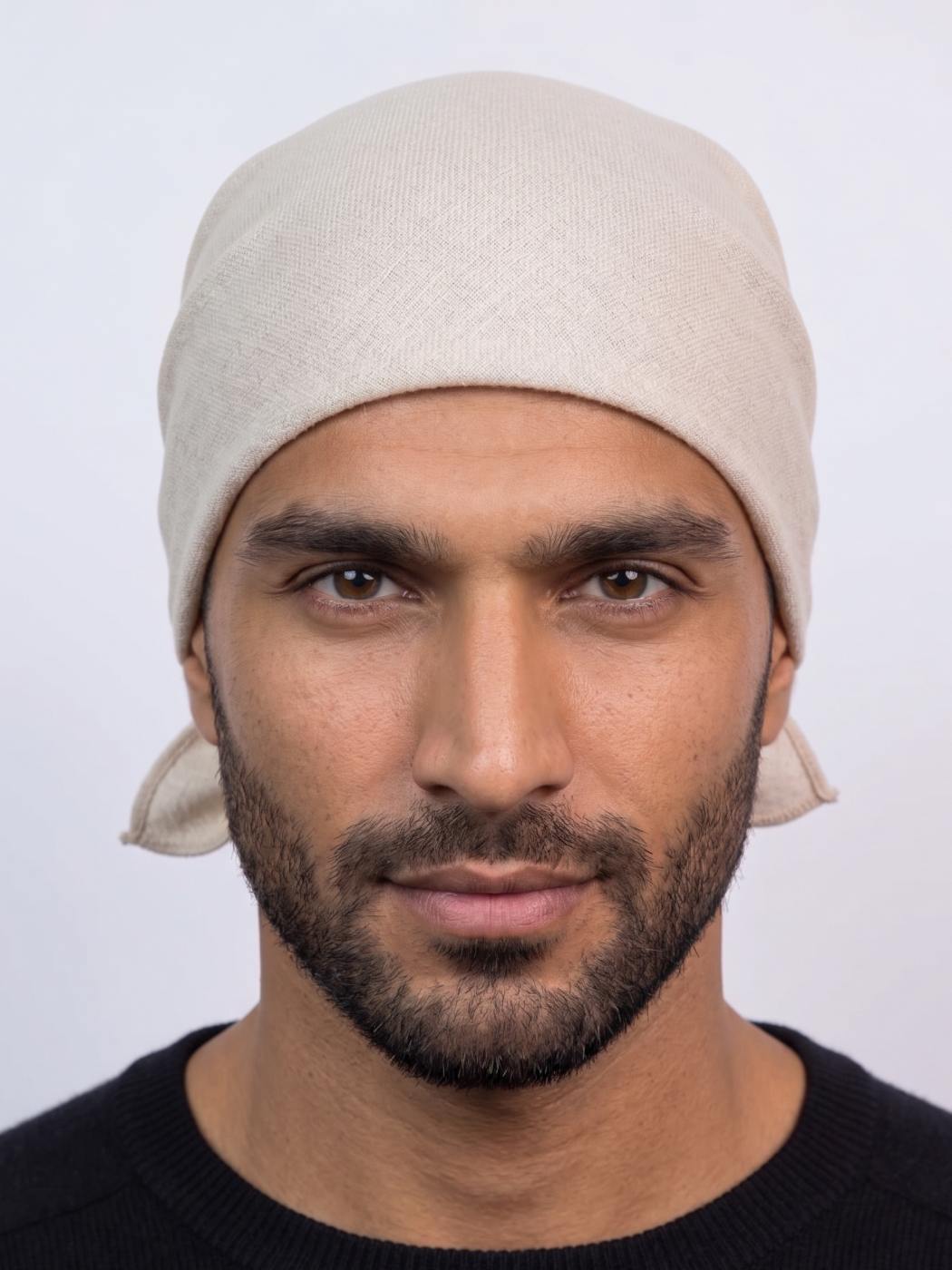 Man wearing a beige bandana scarf in pure pashmina kashmir 