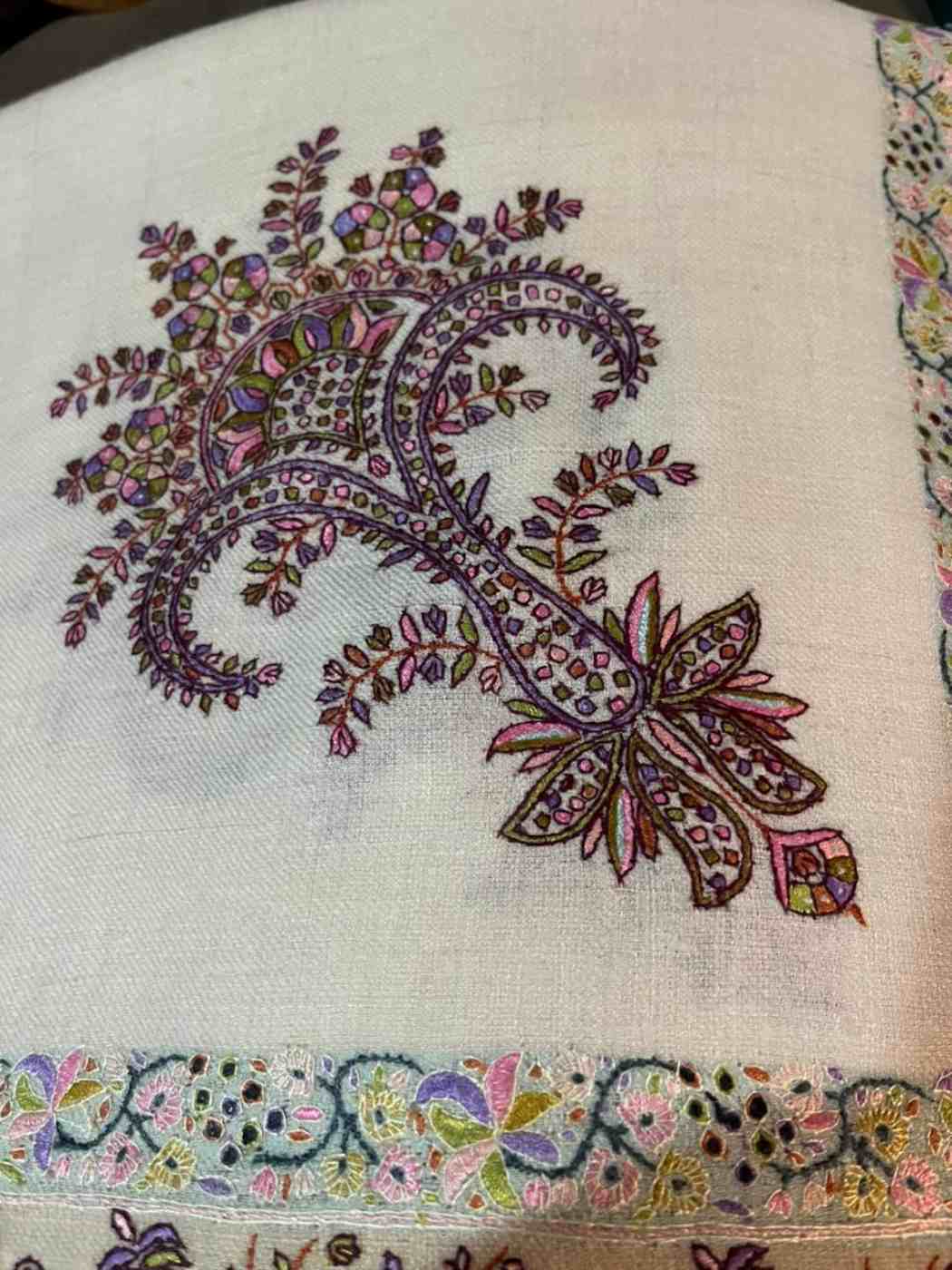 white colour pure pashmina Headscarf omani style with paisley motif in hand sozni work 