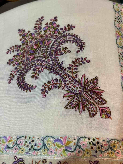 white colour pure pashmina Headscarf omani style with paisley motif in hand sozni work 