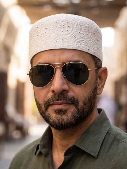Owaisi White Cotton Cap for Summer in Hakooba Embroidery | Foldable and Lightweight