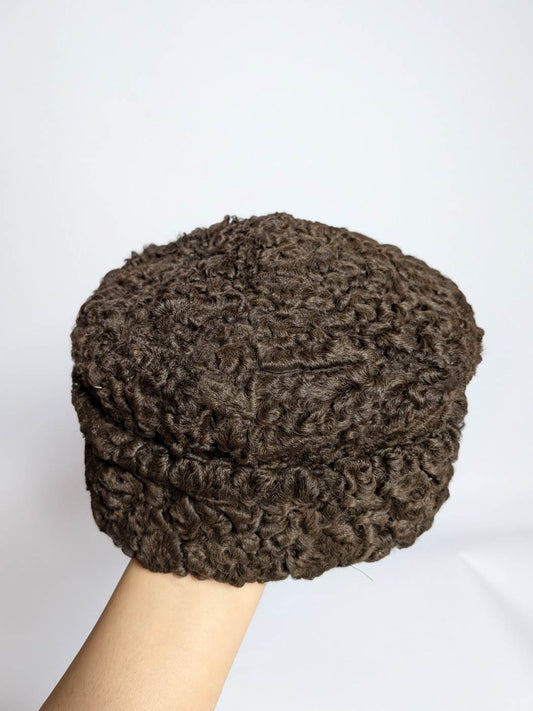 Dark Brown Karakul Cap |  Beanie Cap With Natural Fur