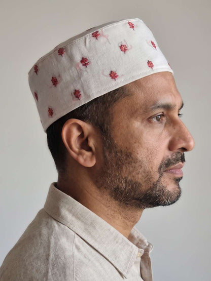 Classic White Kashmiri Cap With Hand Sozni Work Boothis