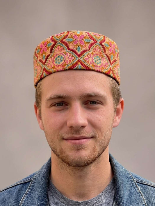 mens orange cap with all-over embroidery