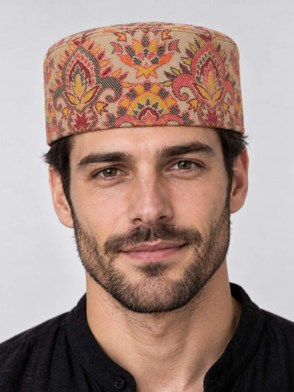 Arabic Style Topi | Abdullah Beige Kashmiri Mens Kani Cap
