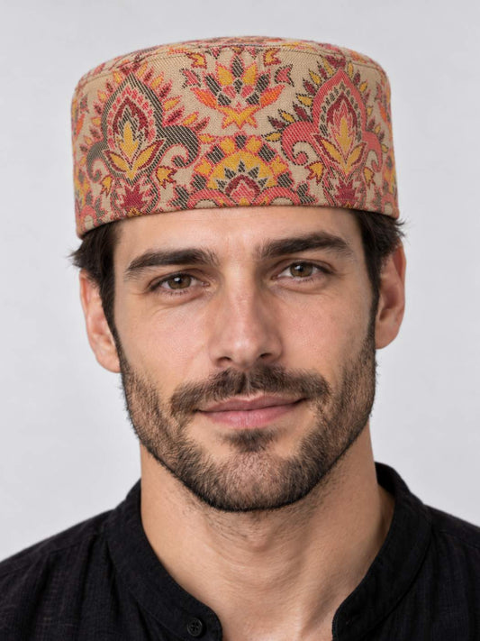 Arabic Style Topi | Abdullah Beige Kashmiri Mens Kani Cap