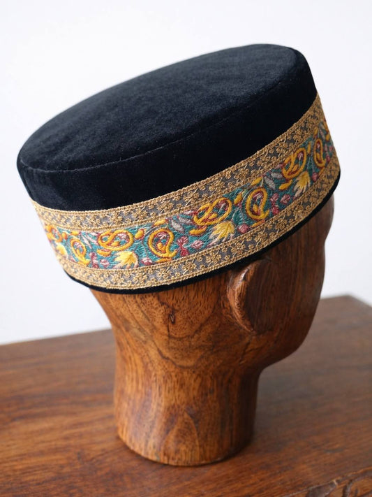 velvet round black cap with zari tilla embroidery across border