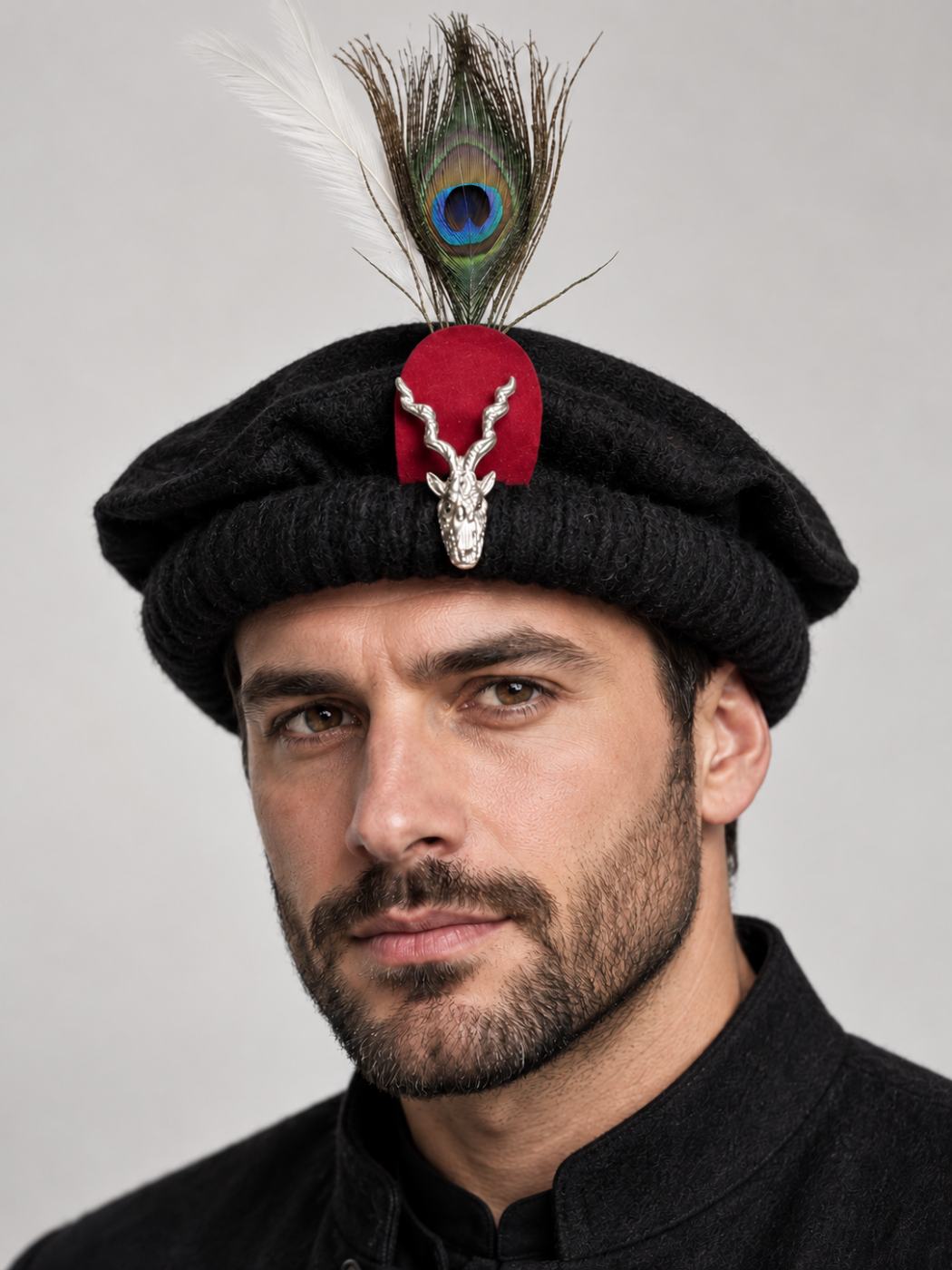 Black Original Pakol Cap with Feather Morepankh