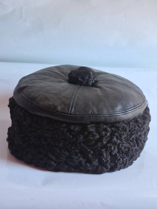 4 Panel Round Karakul Cap |  Pure Leather Black Top | Hamid