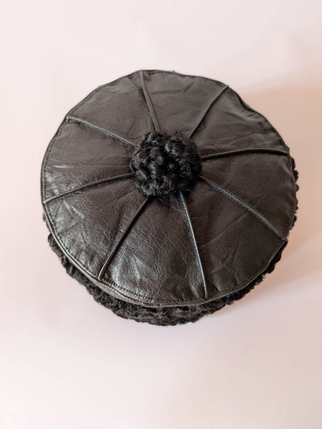 Black Genuine Leather Cap With Natural Karakul Fur Brim | 6 Panel Design