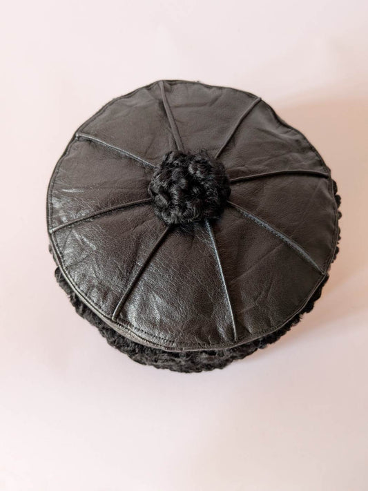 Black Genuine Leather Cap With Natural Karakul Fur Brim | 6 Panel Design