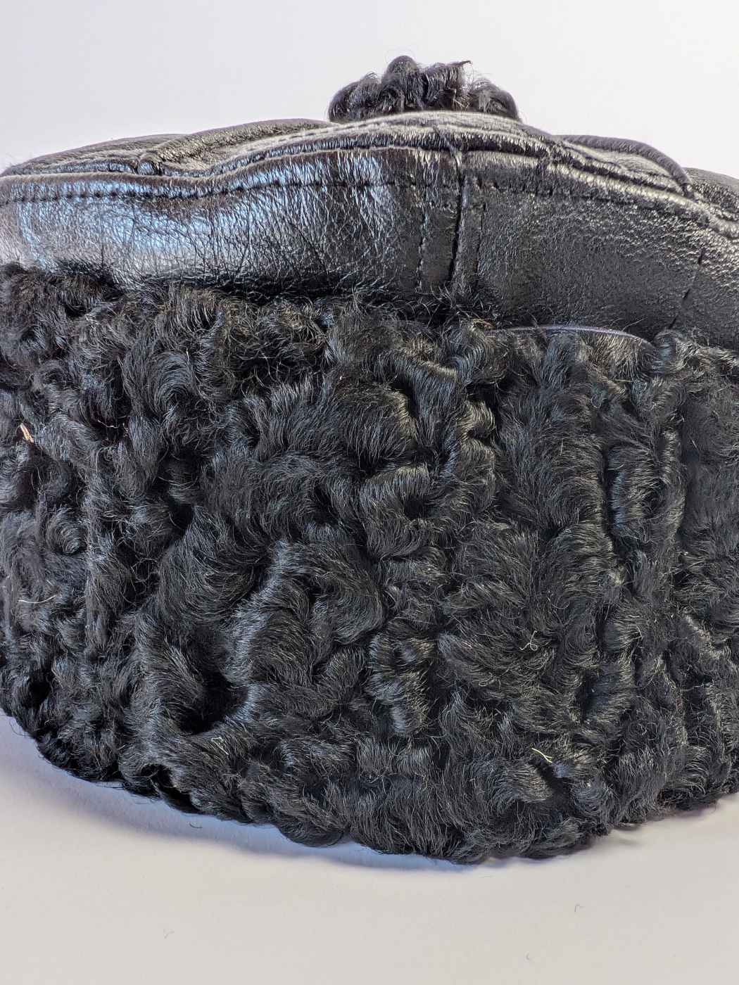 Black Genuine Leather Cap With Natural Karakul Fur Brim | 6 Panel Design