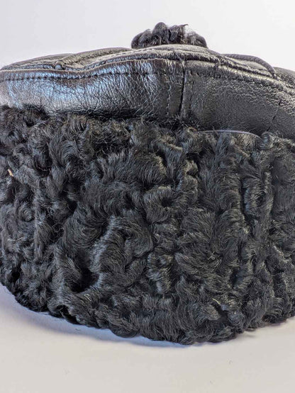 Black Genuine Leather Cap With Natural Karakul Fur Brim | 6 Panel Design